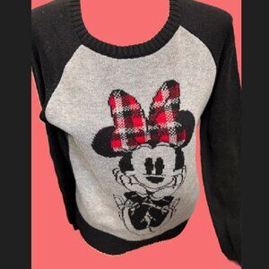 Ladies 'Disney' Minnie Mouse Sz M Sweater Gray Black Plaid Bow